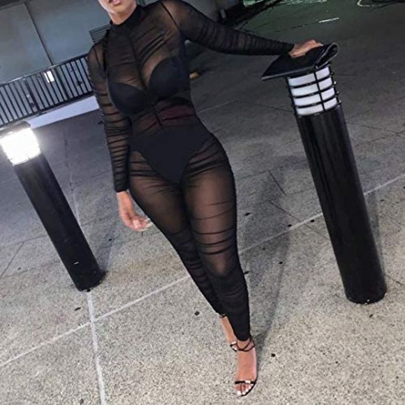 Women OnePiece Outfits Mesh Sheer Bodycon Jumpsuit - Picture 3 of 10